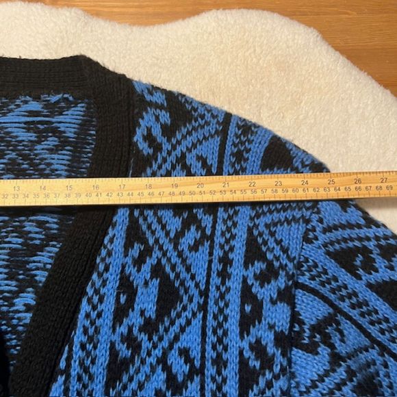 Womens Blue Black Aztec Tribal Pattern Knit Cardigan Sweater Pockets Sz LG/XL - Picture 8 of 10